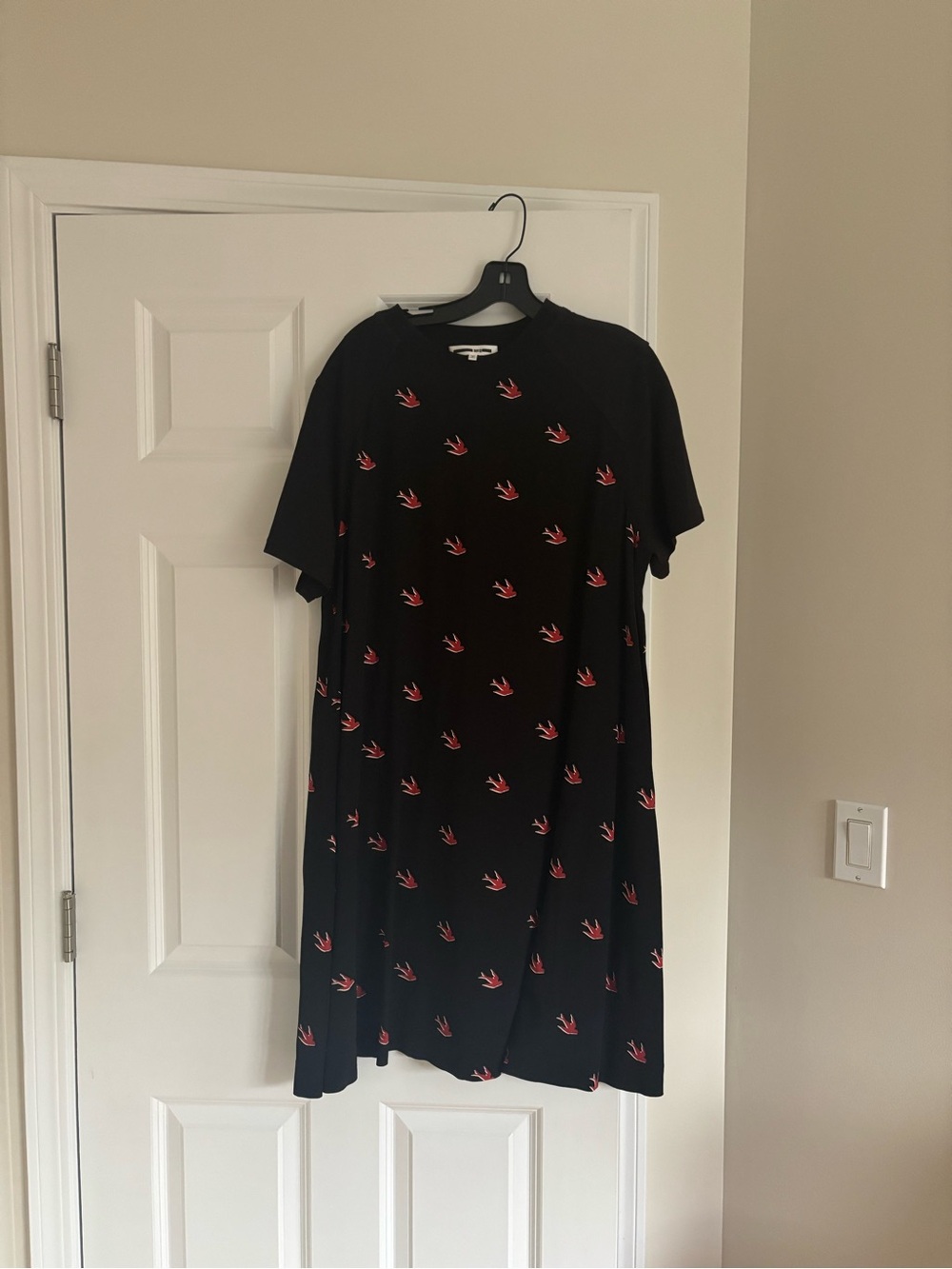 McQ by Alexander McQueen Black Midi Dress with Red Swallow Motif. Great conditio